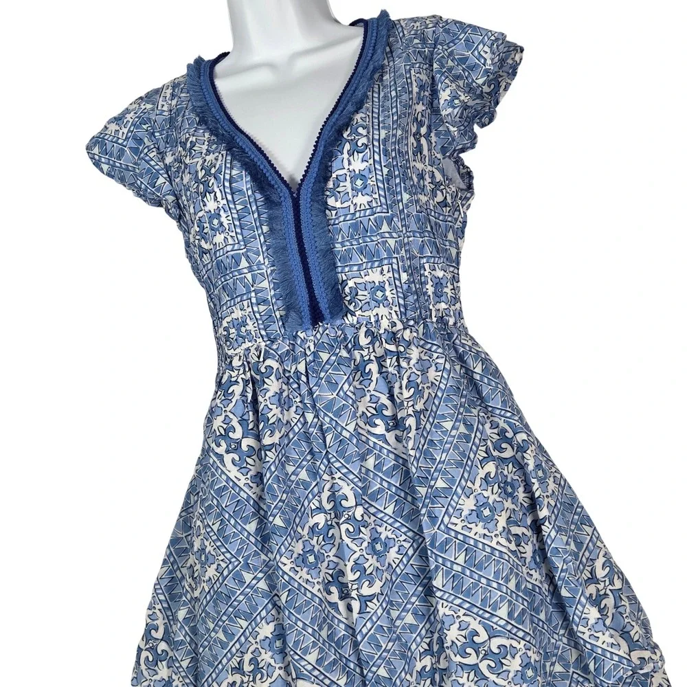 Vineyard Vines Women Small Fit‎ Cay Scarf Print Pintuck Dress White Blue Coastal